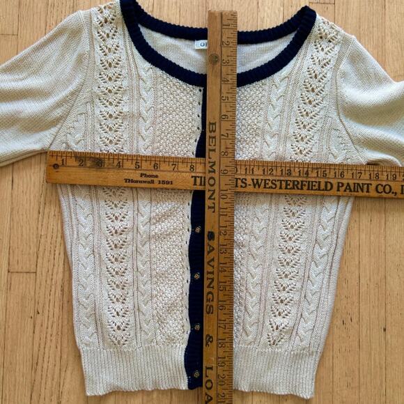Cable Knit Cardigan Sweater Women's S Cream & Black Preppy Delicate Crochet - Picture 9 of 9